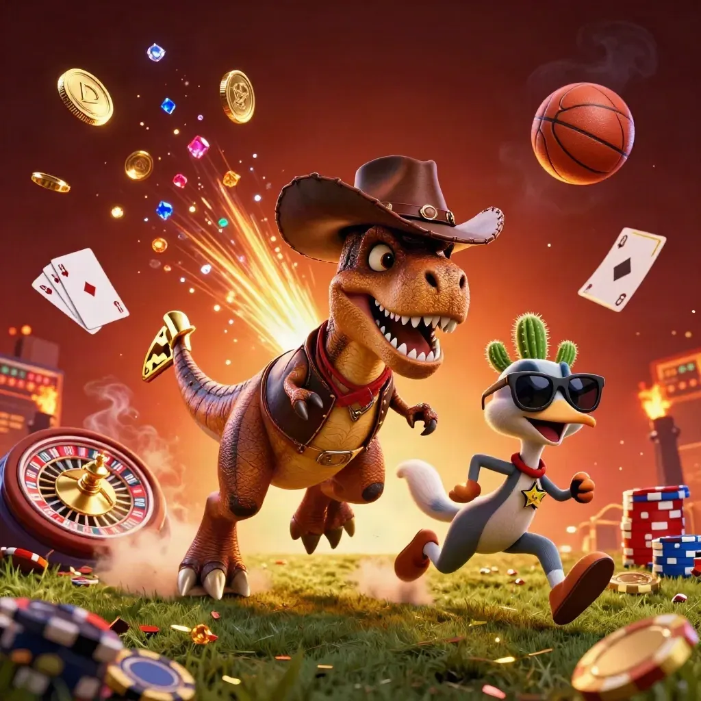 Ground-level cowboy T-Rex, cactus sidekick, and roadrunner amid casino sports energy and flying coins.
