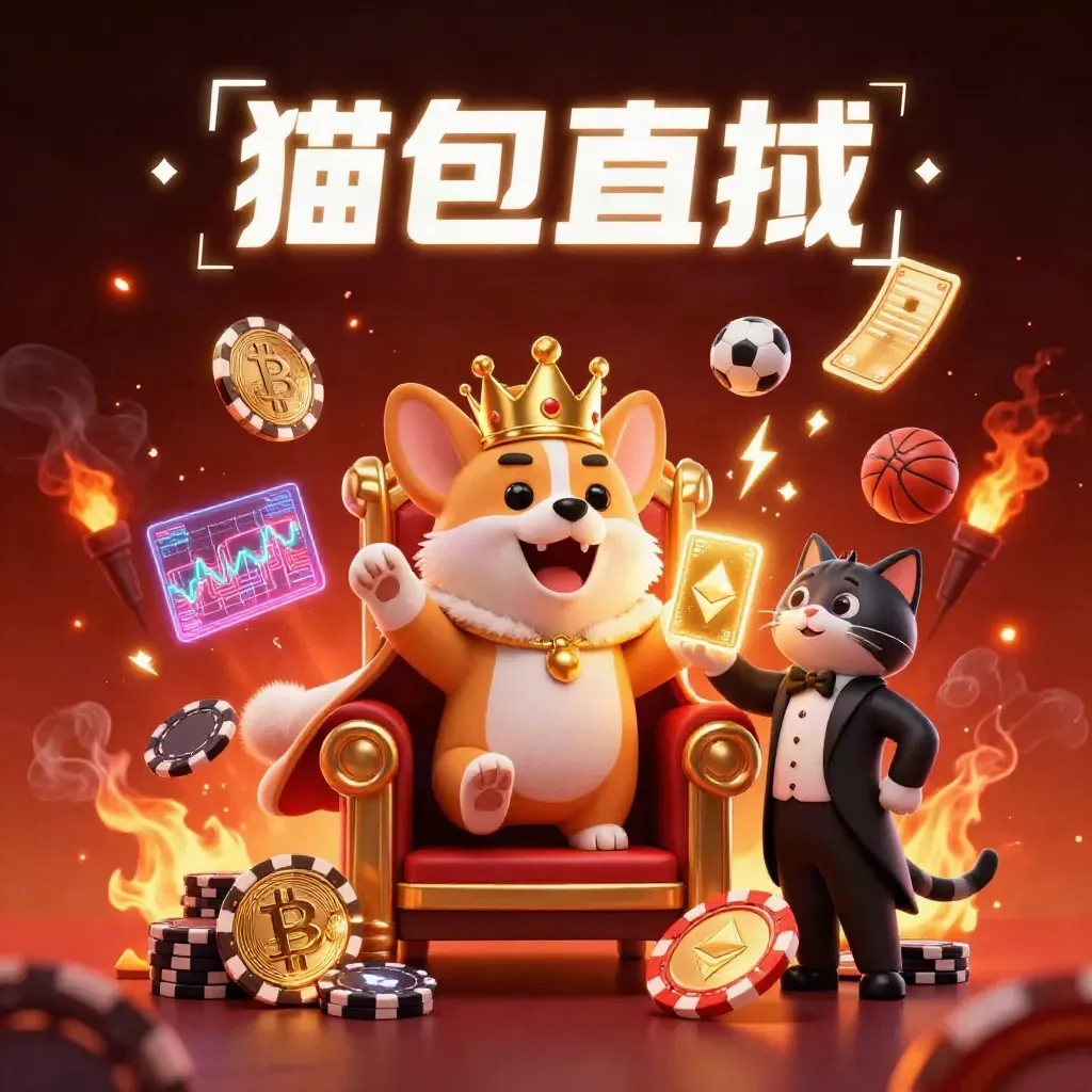Crowned corgi and cat butler on chips amid neon sports-betting icons and blazing gold light.