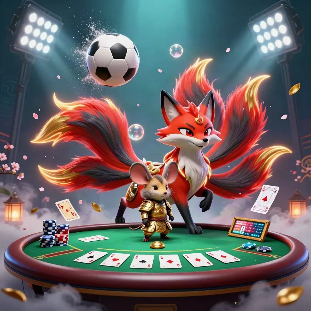 Fox spirit and armored mouse amid soccer ball, poker chips, and glowing casino fantasy