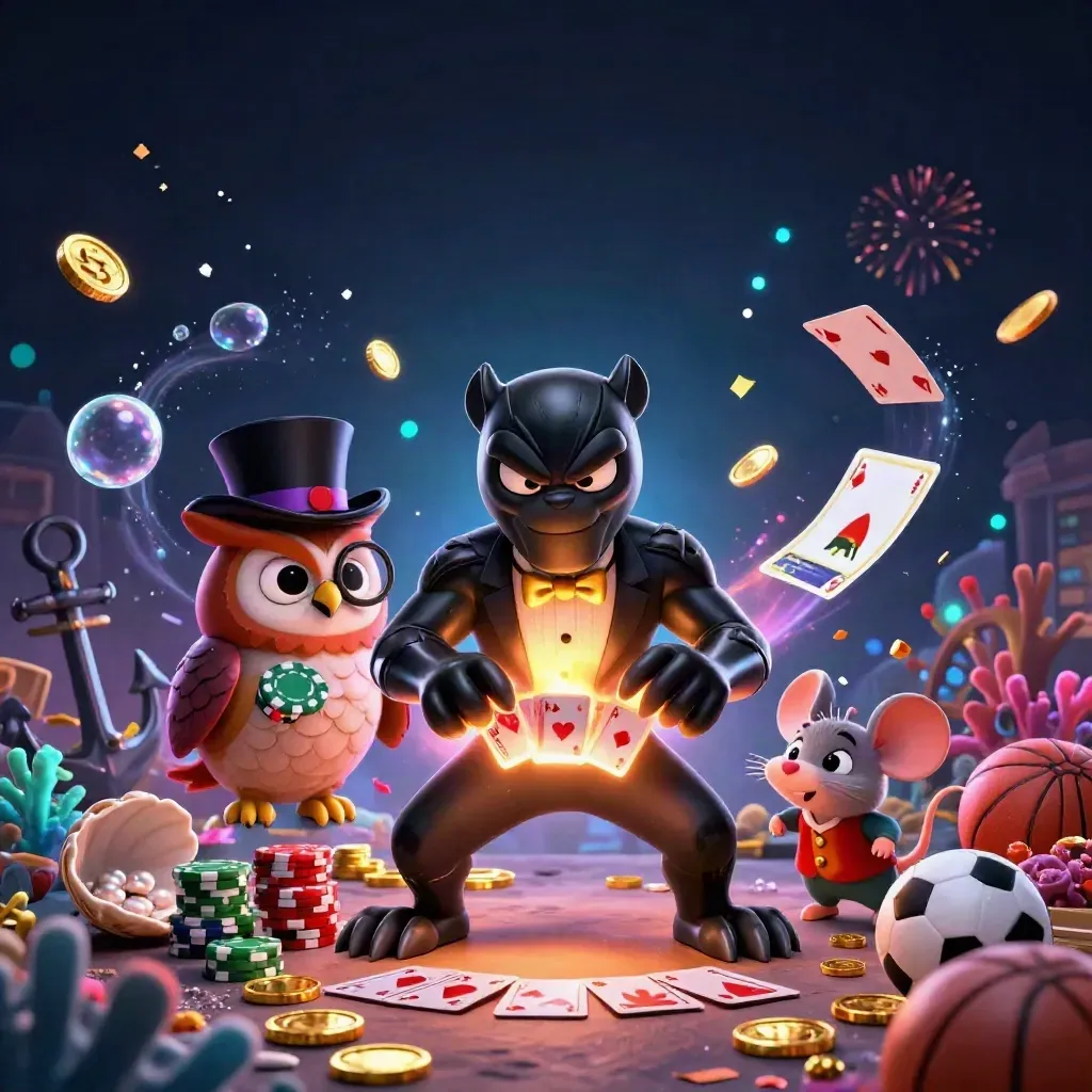 Panther, owl and mouse amid treasure cove, casino energy, red-gold light and sports icons.