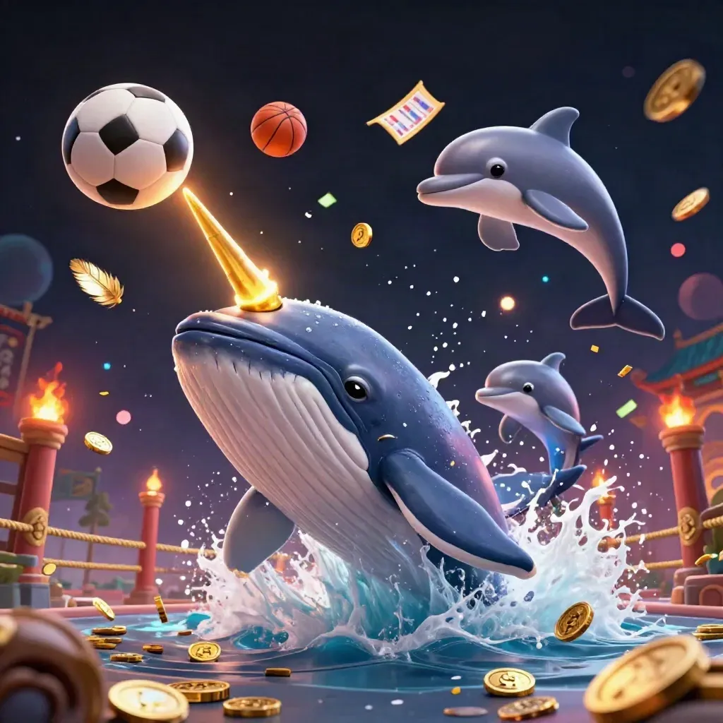 Captain whale, narwhal and dolphins burst through coins under neon casino lights.