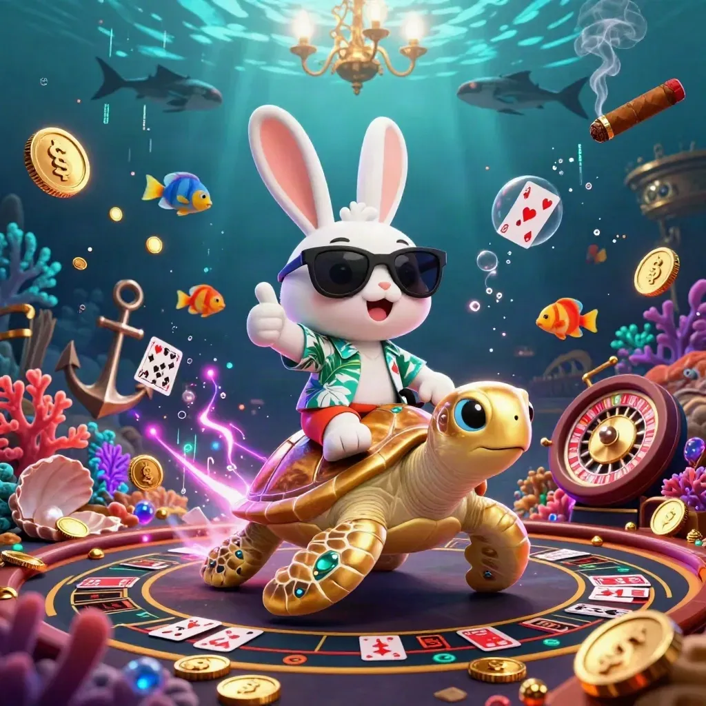 Lucky rabbit rides a gem-shell sea turtle through an underwater casino treasure cove.