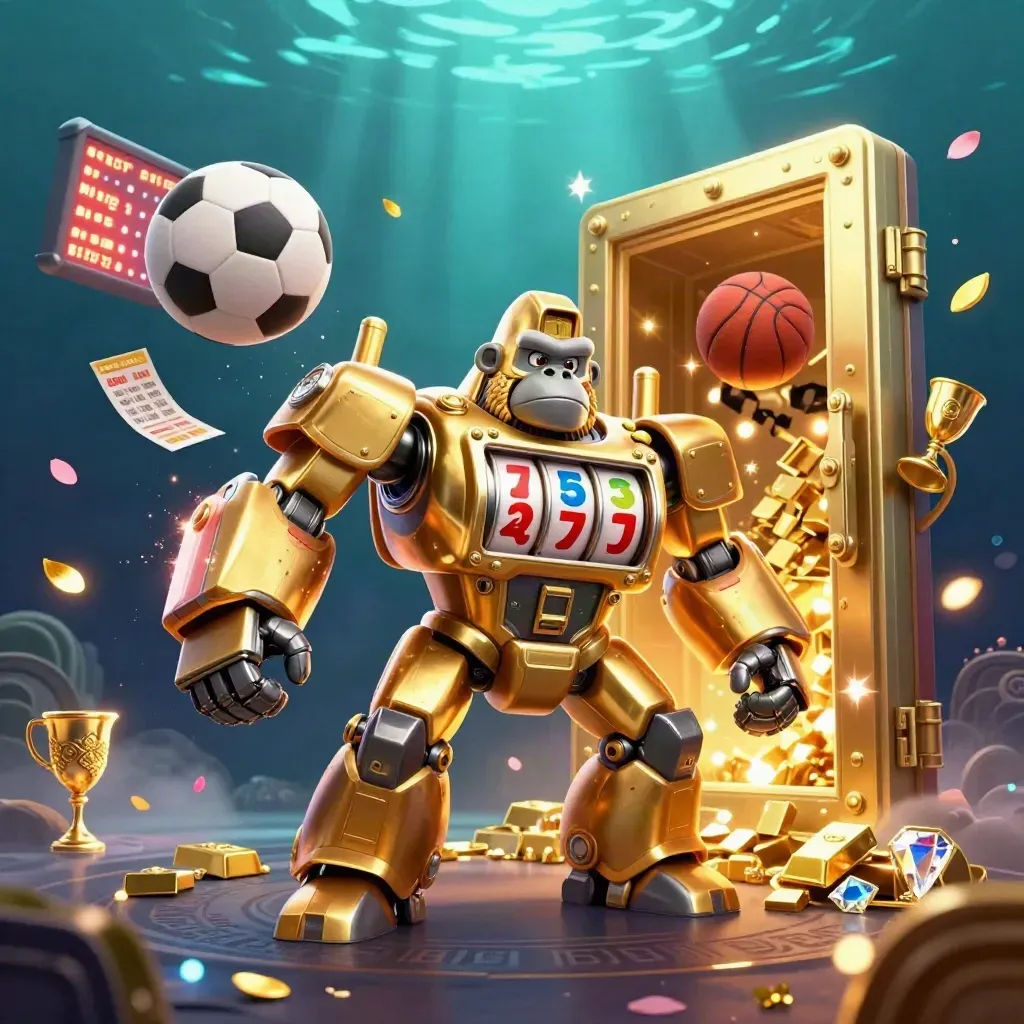 Golden gorilla mech blasts open a vault amid coins, balls, runes, and neon casino light.
