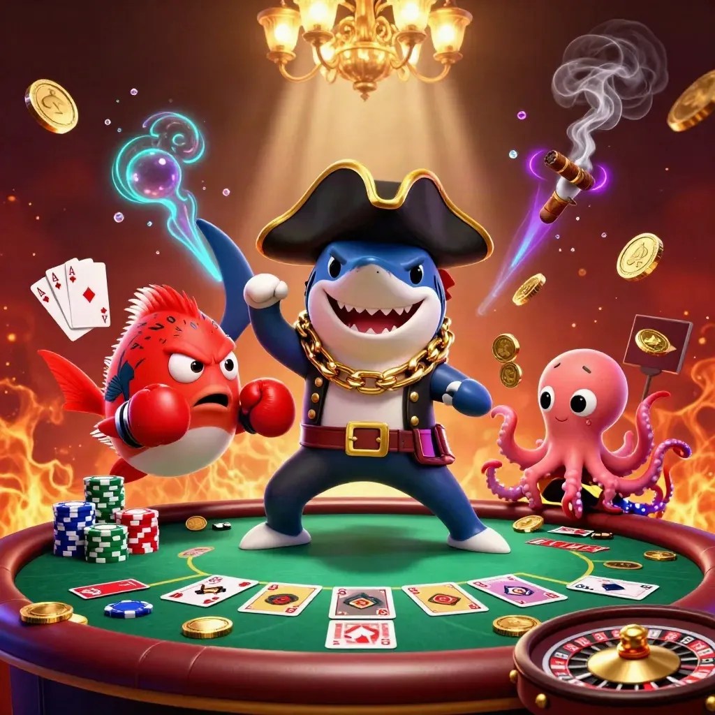 Pirate shark, pufferfish boxer, and octopus juggle coins amid casino felt and glowing lights