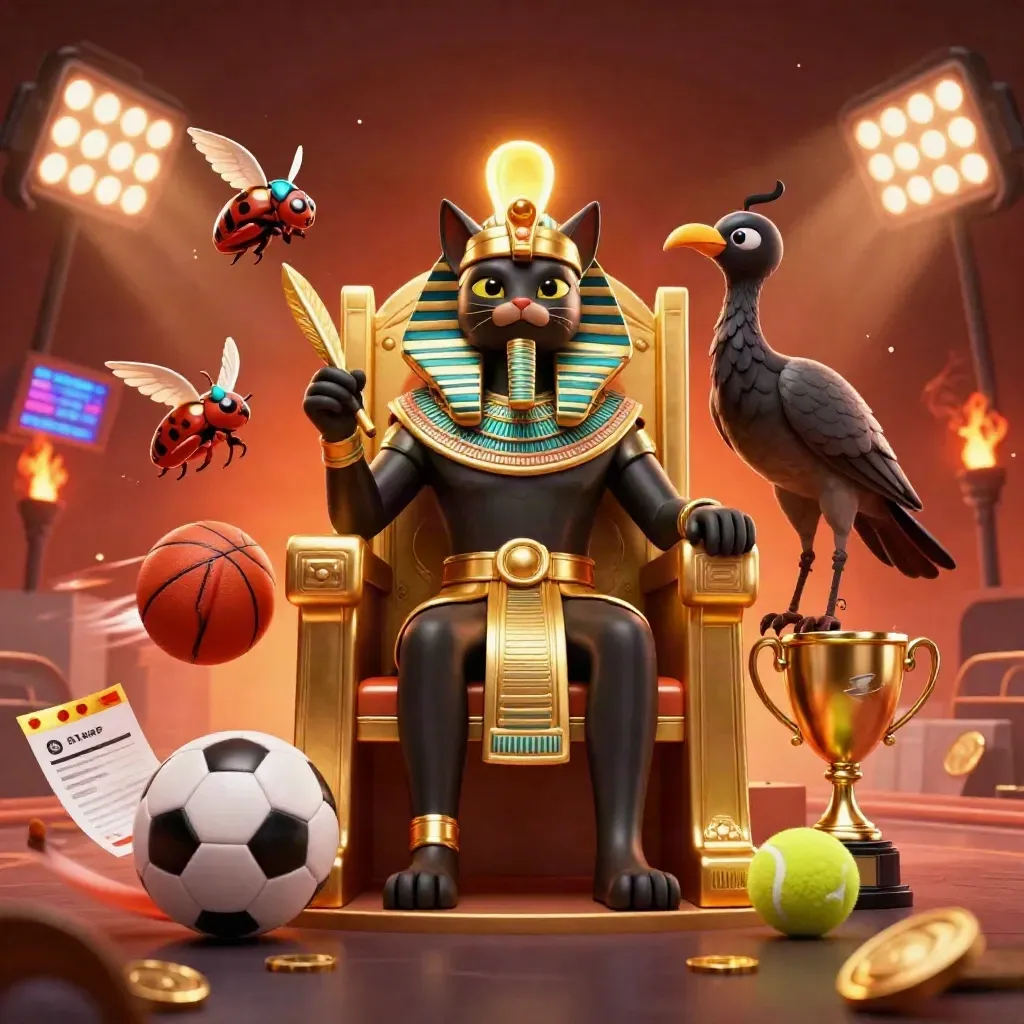 Pharaoh cat and ibis scribe amid flying sports balls, coins, and blazing arena lights.