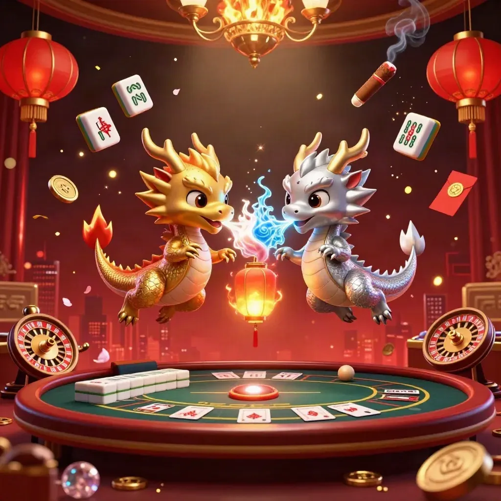 Gold and silver dragons swirl amid casino relics in a luxe dark red glow.
