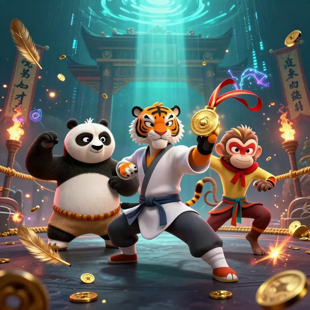 Three kung-fu animals battle amid coins, embers, a temple gate, and neon energy in a dark underwater glow.