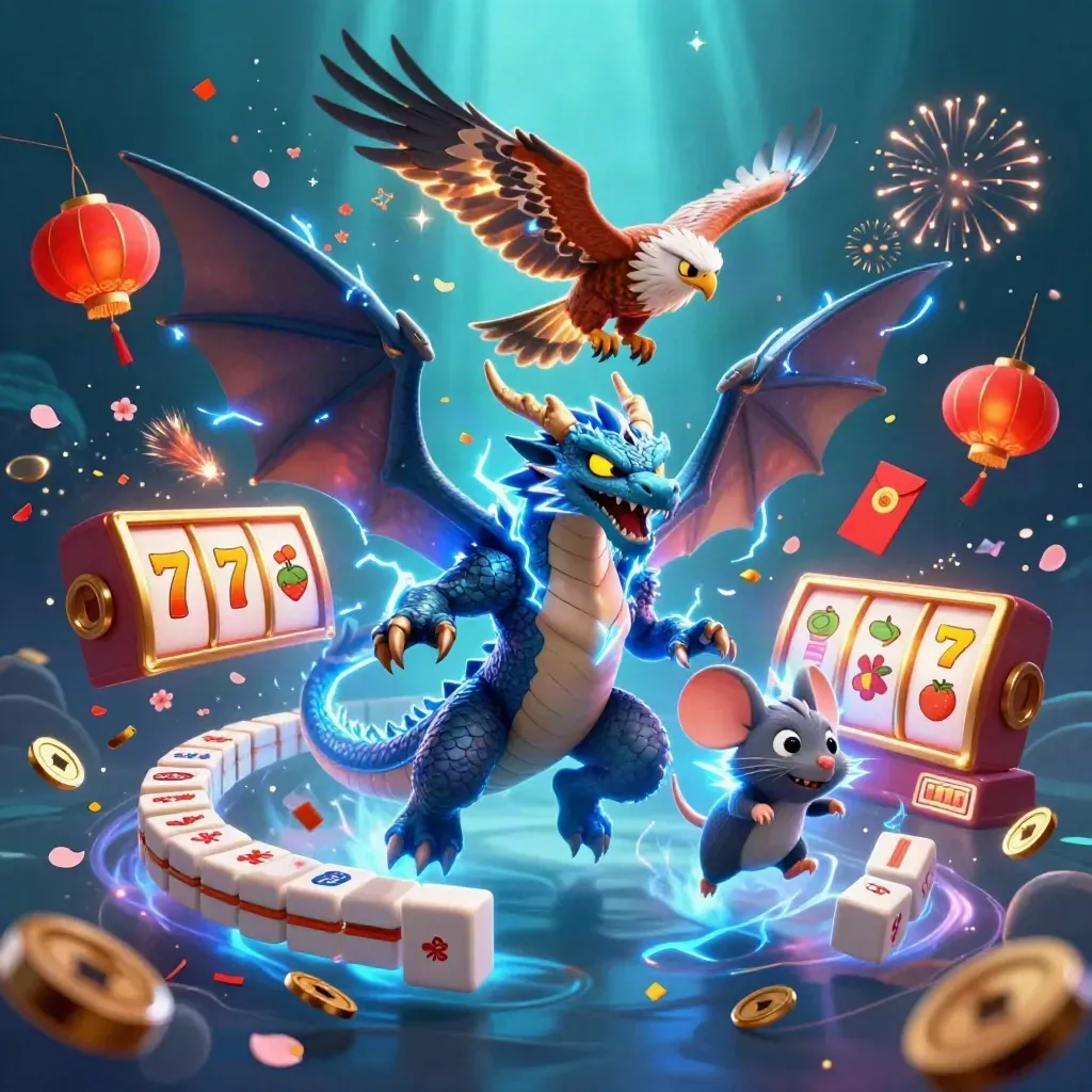 Thunder dragon, wind hawk, and crackling mouse amid gold casino loot and neon effects.