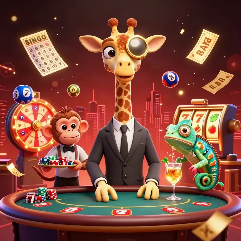 Giraffe high-roller, monkey valet and chameleon bartender amid gold casino bursts in dark red glow.