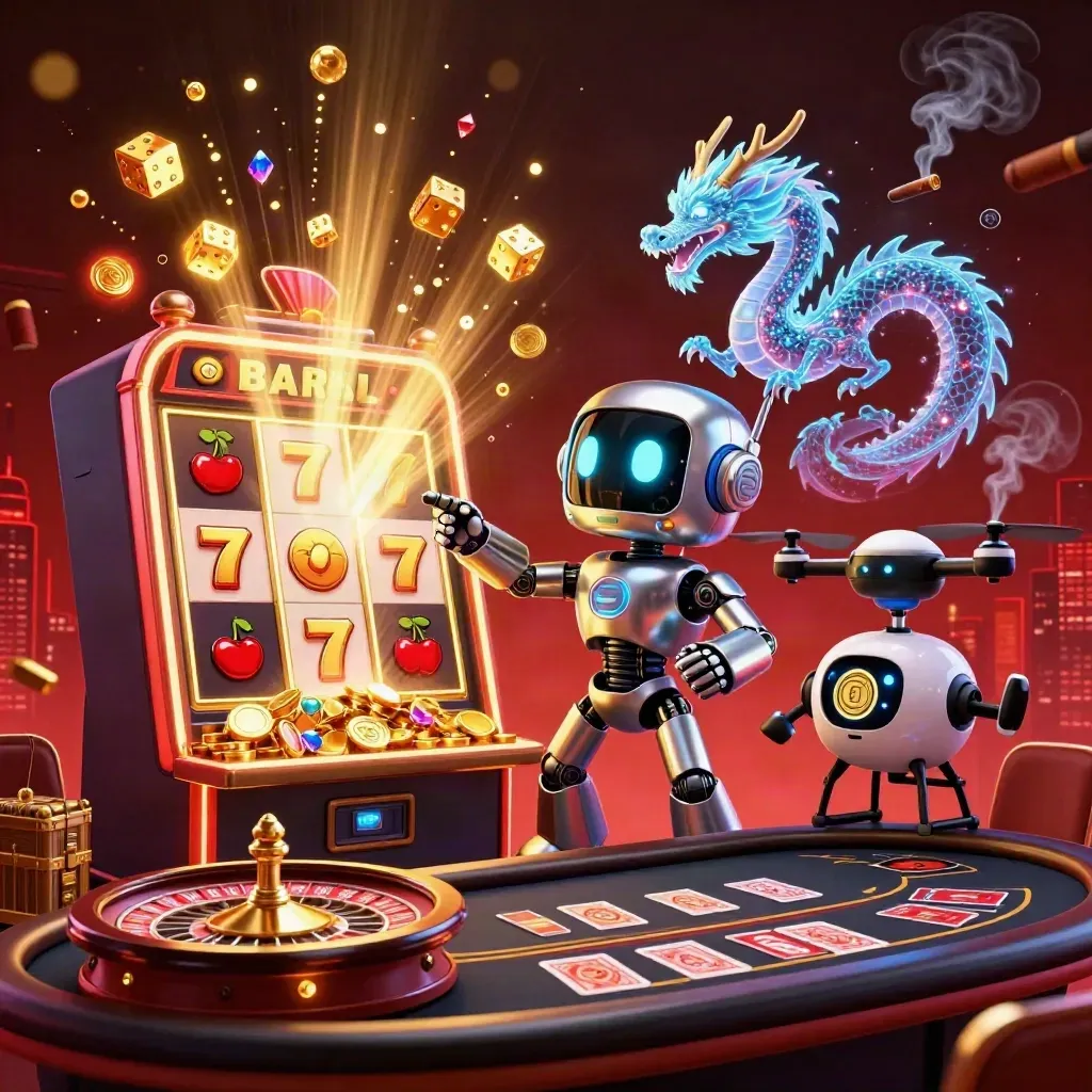 Robot mascot, holographic dragon, and coin drone amid casino loot and glowing slot bursts