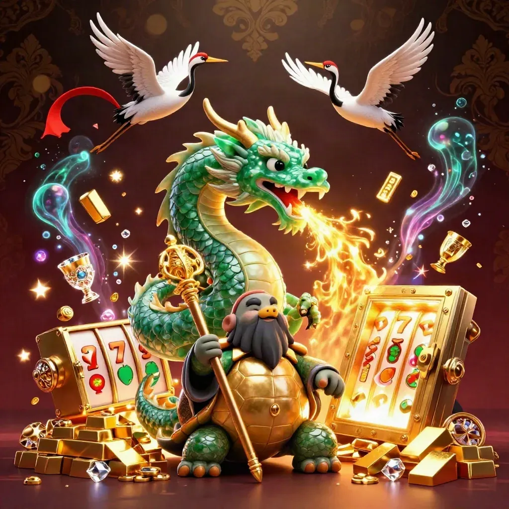 Emerald dragon, turtle sage, and cranes amid treasure, vault light, gems, and casino glow
