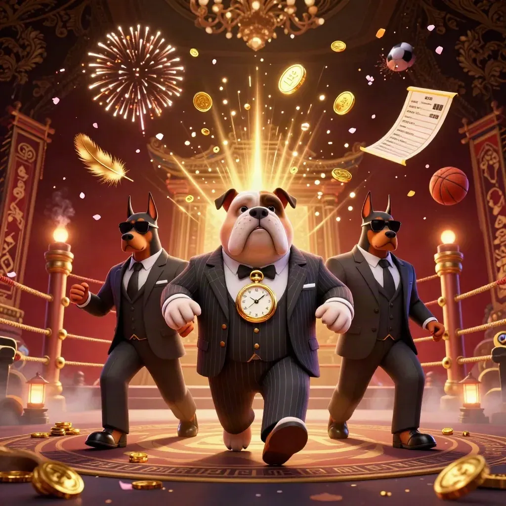 Cartoon bulldog boss with Dobermans amid gold coins, temple gate, and casino celebration