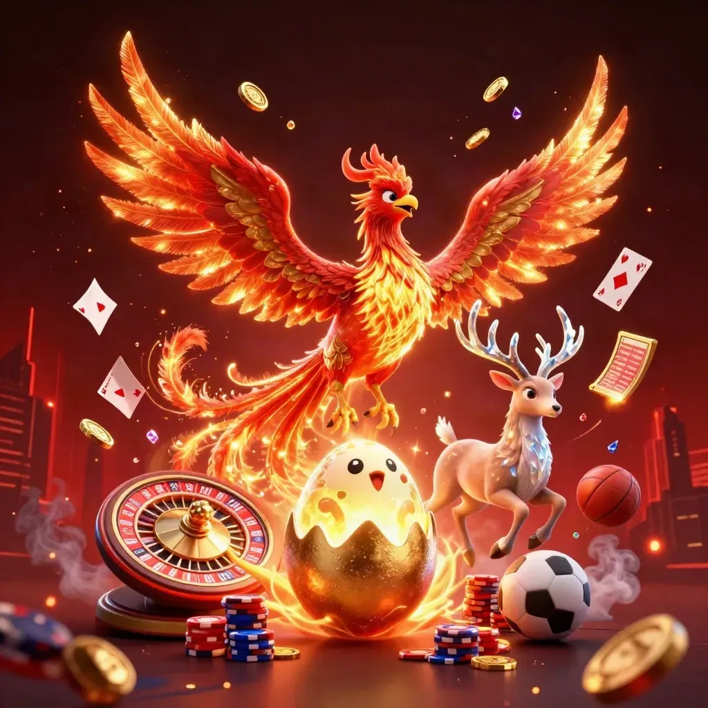 Phoenixes and a crystalline stag burst through gold coins, chips, cards, and sports props