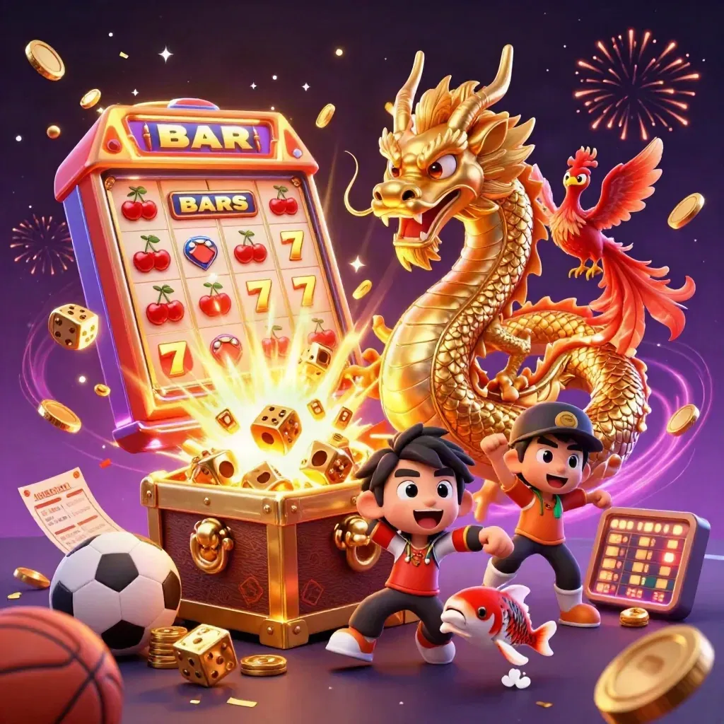 Golden dragon with phoenix and koi amid slot burst, coins, confetti, fireworks, and sports props.