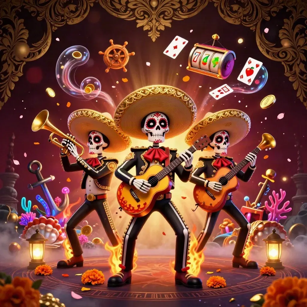 Three skeleton mariachi musicians amid treasure, coins, coral, and glowing casino effects