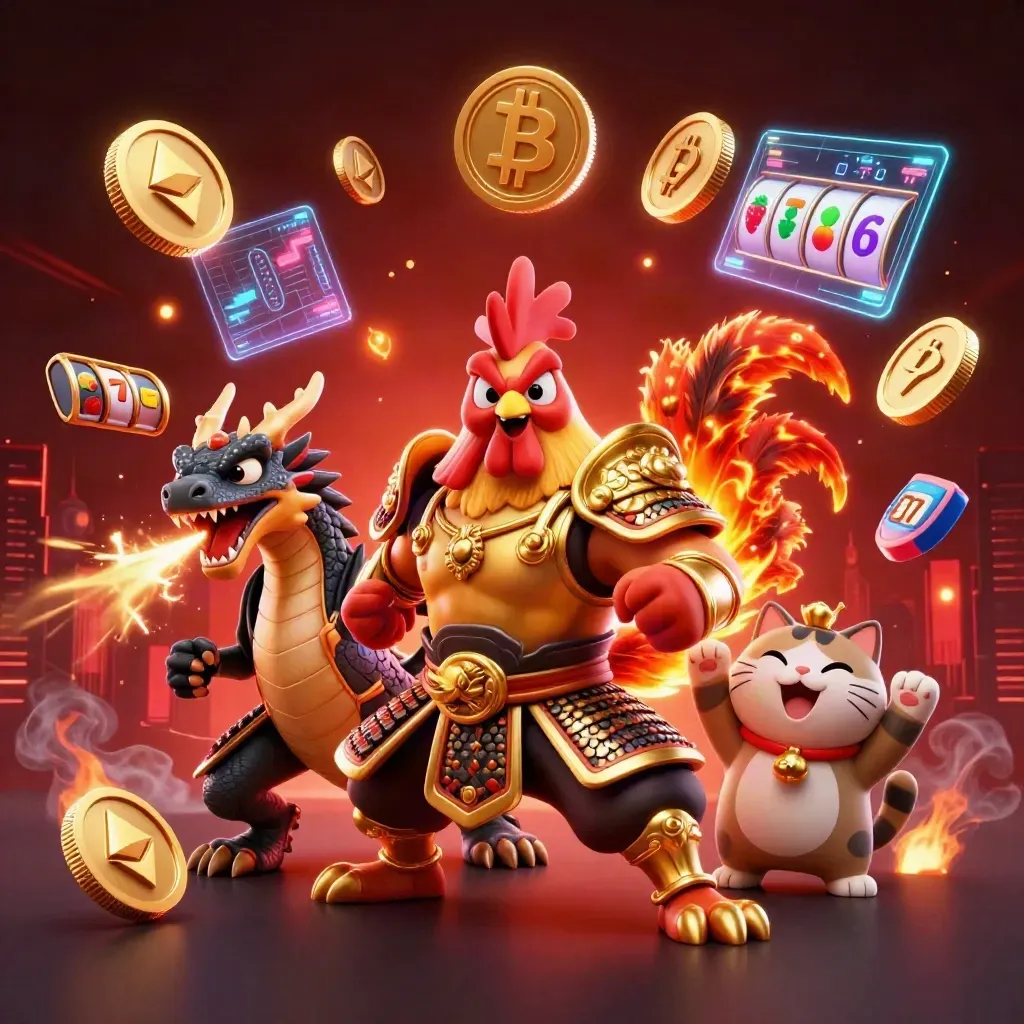Rooster warrior, dragon hatchling, and fortune-cat amid coins, sparks, and neon casino energy.