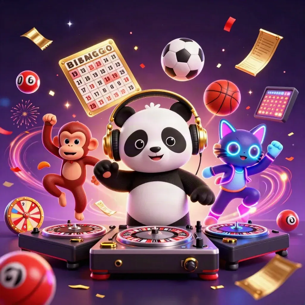DJ panda, breakdancing monkey, and glow-stick kitten amid coins, confetti, fireworks, and casino energy