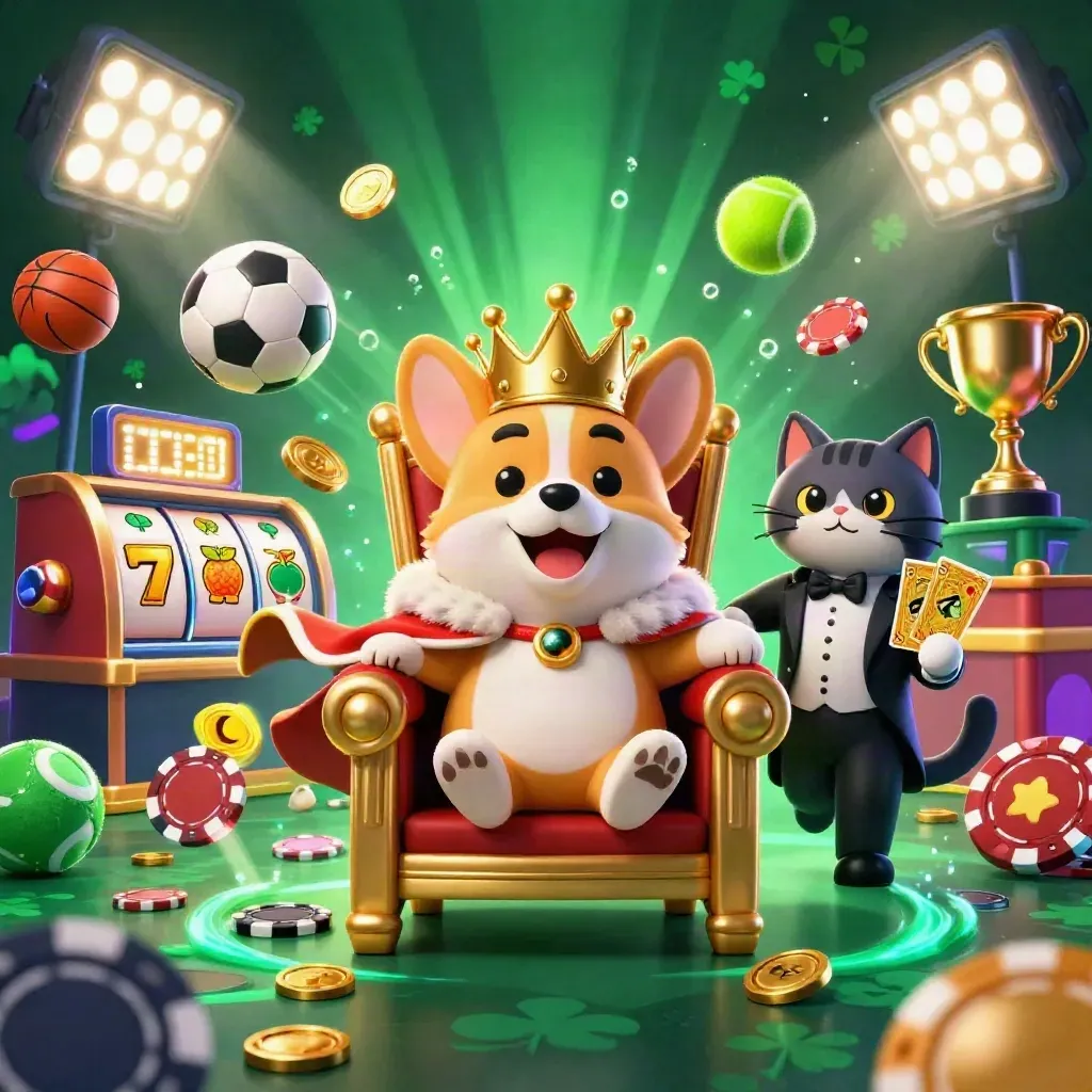 Royal corgi and cat butler amid casino sports icons, chips, gold, and neon effects.