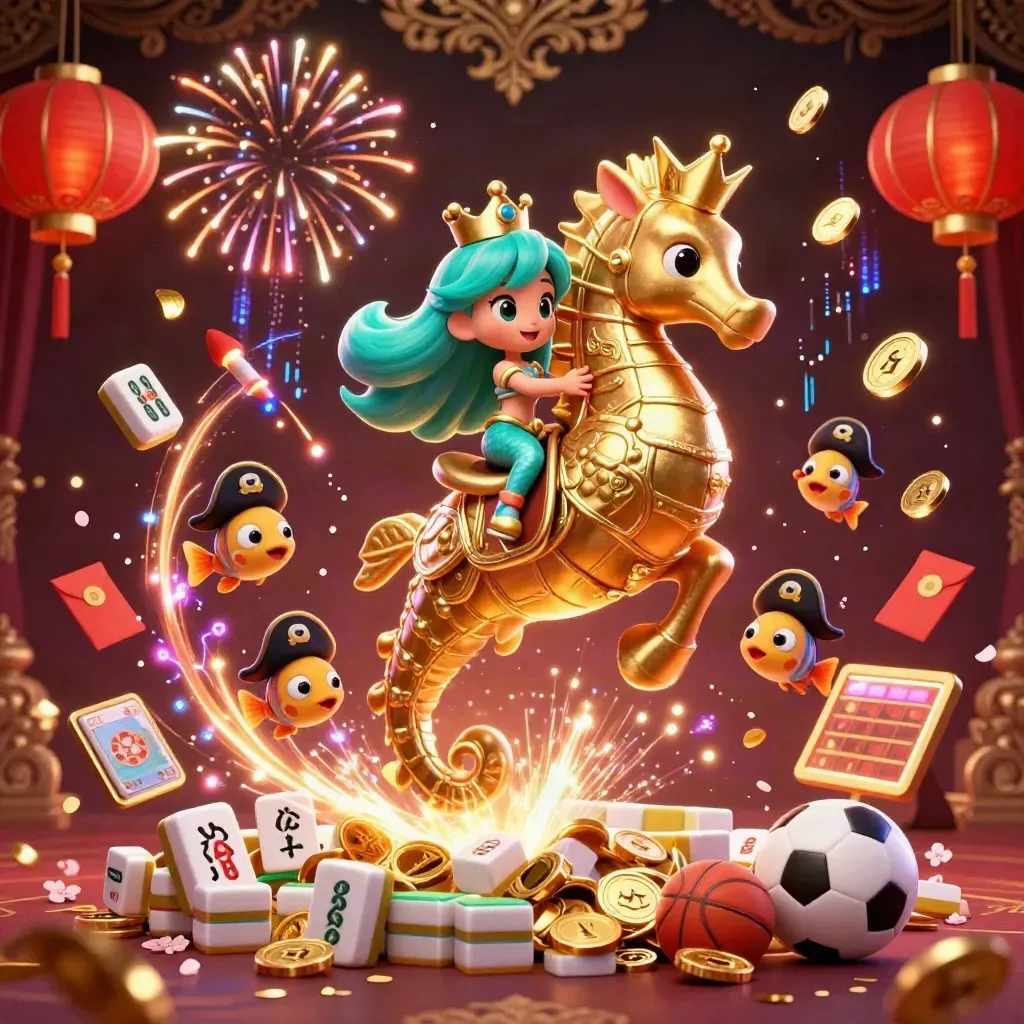 Mermaid princess on armored seahorse amid coins, lanterns, fireworks, and casino energy.
