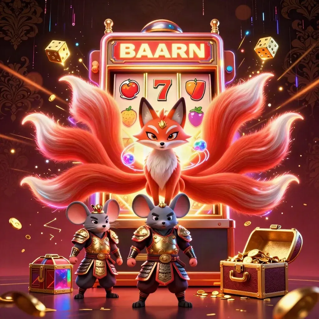 Neon fox spirit and samurai mouse amid slot reels, gold, and a luxe dark casino burst