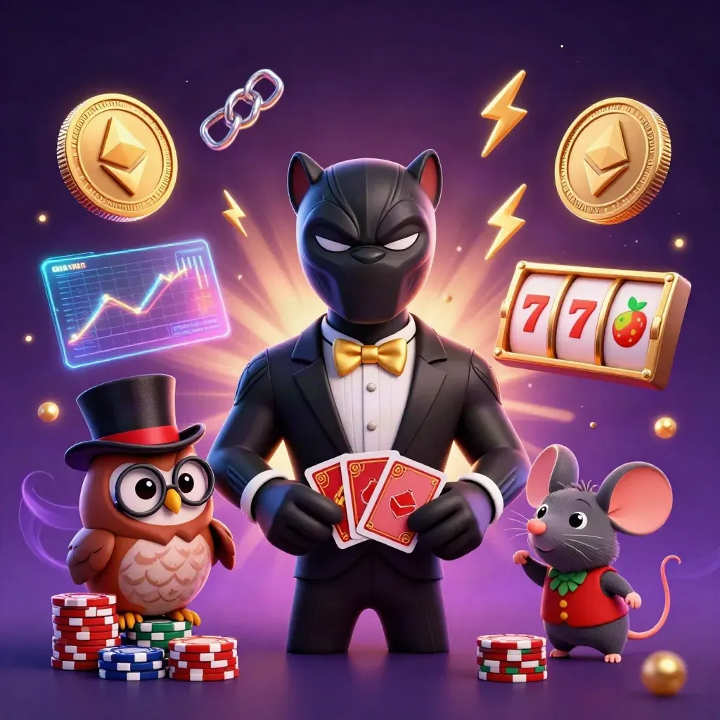 Panther, owl, and mouse deal cards amid neon coins, lightning, and casino energy.