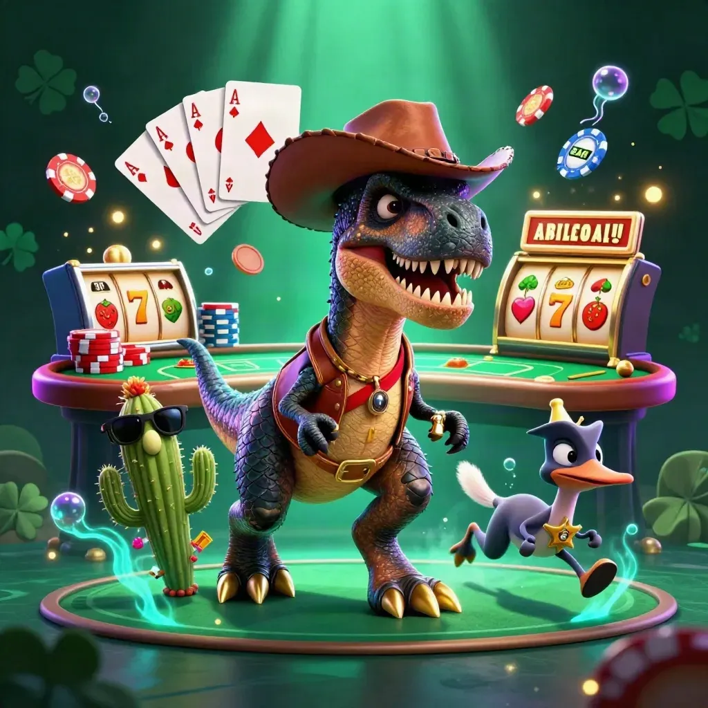 Cowboy T-Rex, cactus sidekick, and sheriff roadrunner amid casino chips and glowing reels.