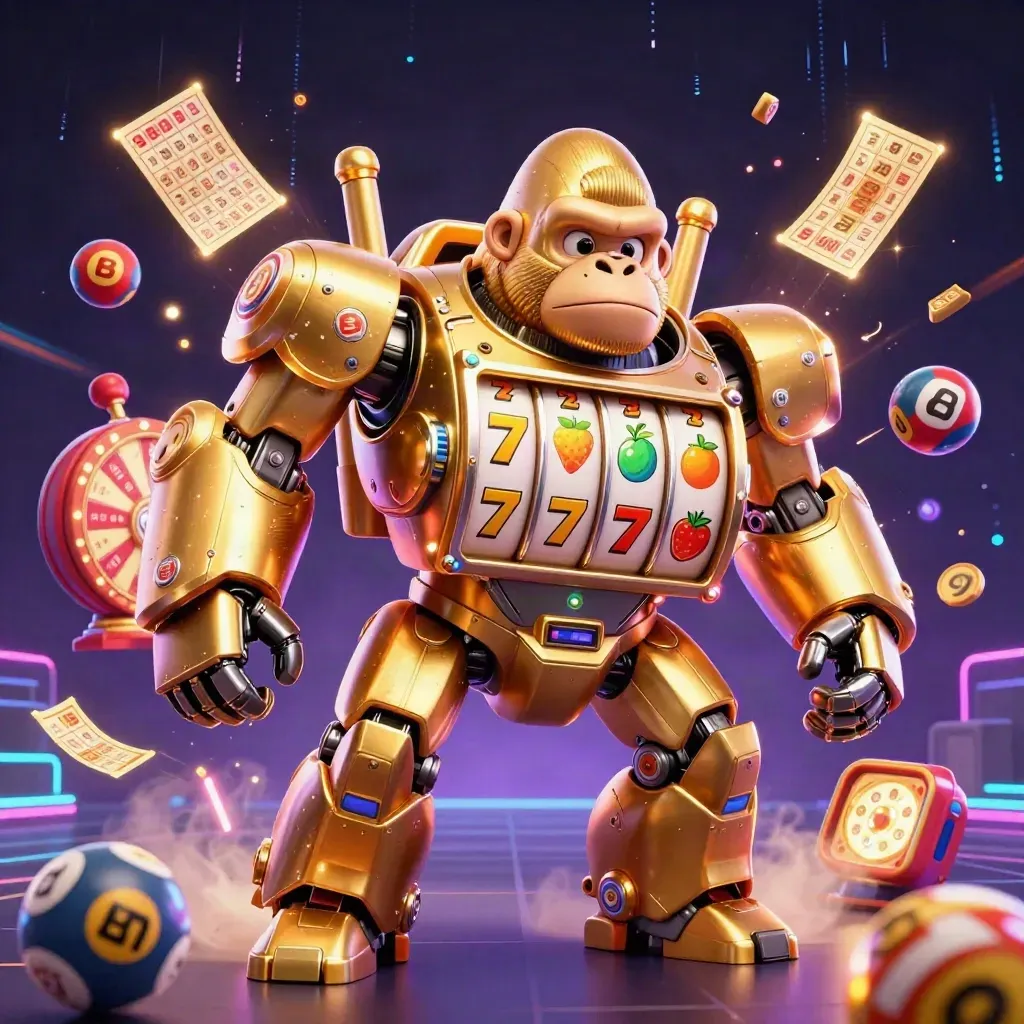 Golden gorilla slot-mech with monkey pilot, reels, lottery balls, prize wheel, and neon casino effects